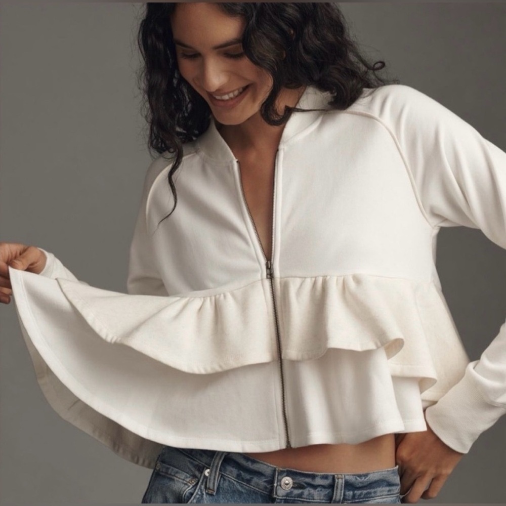 Anthropologie Maeve White Zip-Up Jacket with Ruffle details
